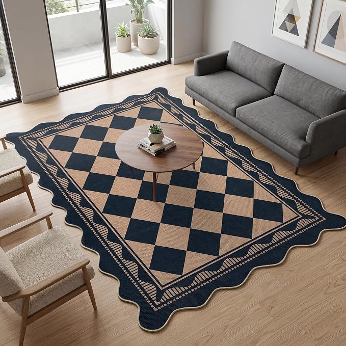 Garvee Easy Jute Area Rugs 9x12 Living Room Washable Rug，Black/Coffee | Outdoor Scalloped Border Rugs for Bedroom Large Rug Stain Resistant Low Pile Non Slip Rugs for Dining Room Nursery Apartment