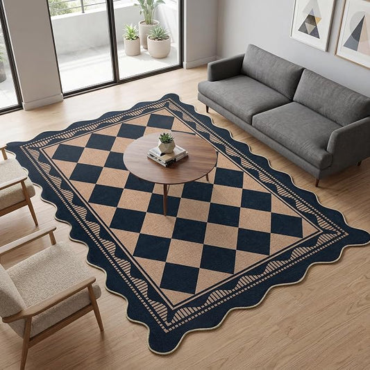 Garvee Easy Jute 5x7 Area Rugs Scalloped Border Washable Rugs，Black/Coffee | Indoor Outdoor Rugs for Living Room Soft Rug for Bedroom Non Slip Nursery Rug Stain Resistant Floor Cover for Dining Room