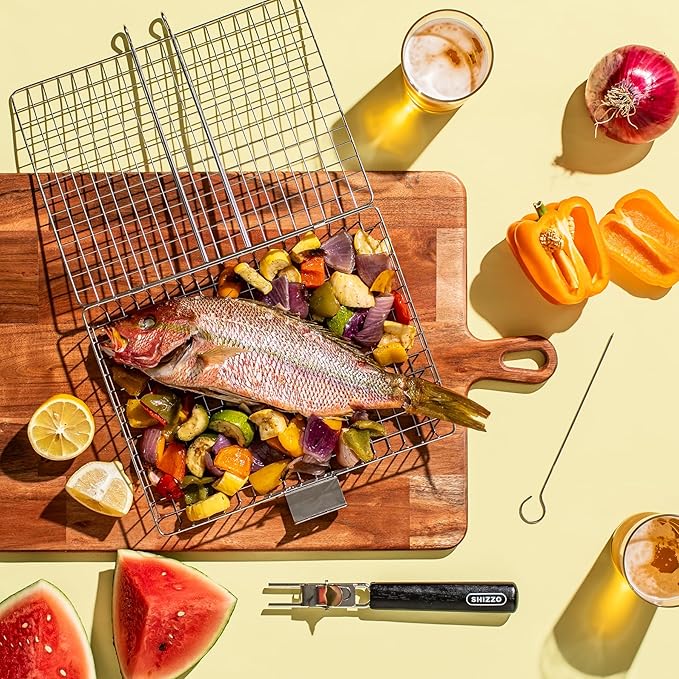 SHIZZO Grill Basket Gift Set - Removable Wooden Handle - Non-Stick Stainless Steel, BBQ Grilling Rack for Fish, Shrimp, Vegetables - Camping & Outdoor Smoker Accessories, Gifts for Dad, Husband