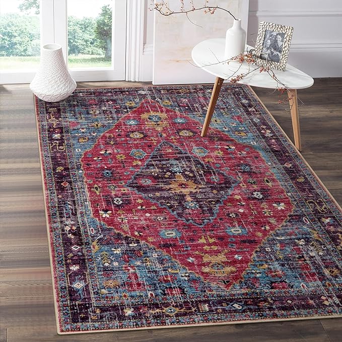 Lahome Felice Machine Washable Area Rugs 3x5, Soft Entryway Rug Oriental Kitchen Rugs, Small Vintage Soft Kid Pet Friendly Printed Indoor Accent Entry Carpet for Bathroom Front Door Decor, Hot Pink