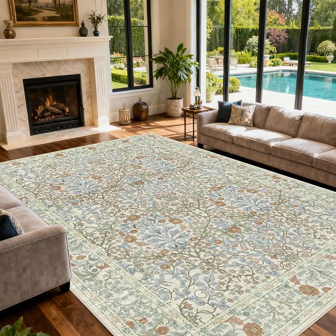 Area Rug for Living Room, 10x12 Large Washable Rugs for Dining Room, Bedroom, Non Slip Stain Resistant Carpet, Low Pile Vintage Floral Rug (Beige Blue)
