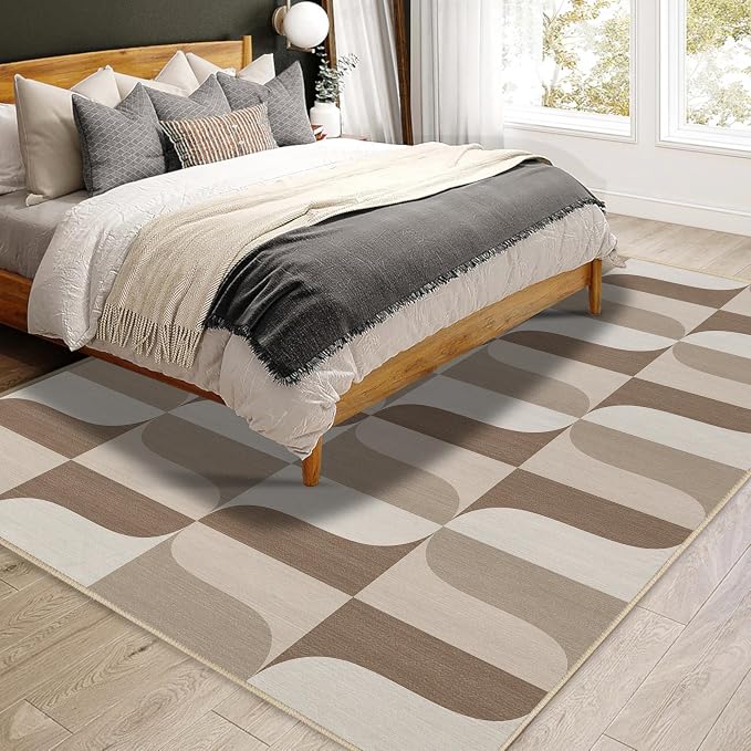 Modern Geometric Rug 3x5 Neutral Beige Brown Abstract Mid Century Modern Area Rug for Entryway Living Room Contemporary Machine Washable Non-Slip Printed Low-Pile Floor Carpet for Kitchen Bedroom