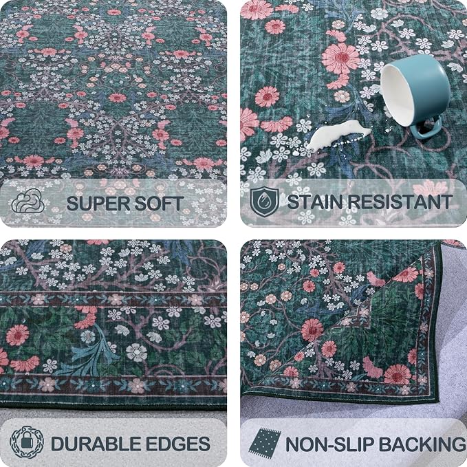 Extra Large 10x14 Area Rug for Living Room, Washable Rugs for Dining Room, Bedroom, Non Slip Stain Resistant Carpet, Low Pile Vintage Floral Rug (Green)
