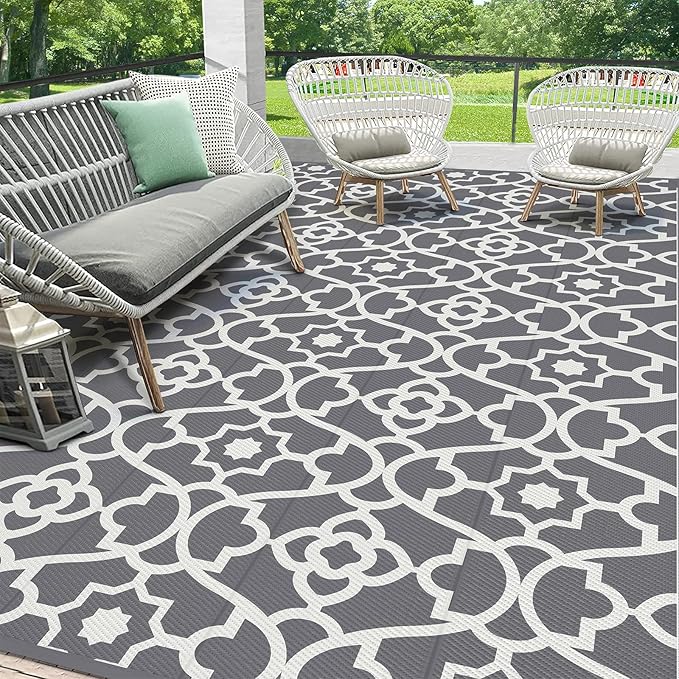 HEBE Outdoor Rug Waterproof 9x12, Plastic Straw Rug Camping Rug, Reversible Outdoor Patio Rugs RV Mat Clearance, Indoor Outside Floor Carpet for Porch,Deck,Camper,Balcony,Backyard