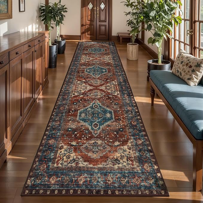 Tangsoo 3x10 Washable Hallway Runner Rug, Vintage Non Slip Long Runner Rug | Oriental Soft Low Pile 10ft Rug Runner, Boho Print Distressed Carpet Runners for Hallway Kitchen Bedroom Entryway Living Room