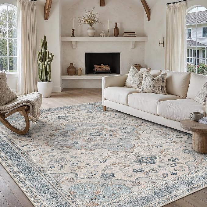 Blue Area Rug 8x10 Living Room Vintage Floral Non-Slip Carpet | Machine Washable, Soft, Low Pile, Distressed, Large for Bedroom, Dining Room, Office, Retro Neutral Decor