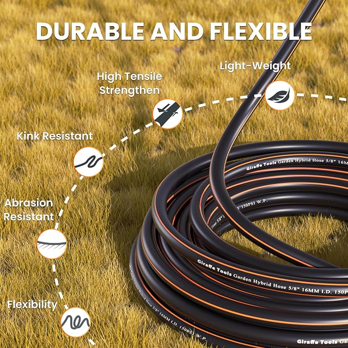 Giraffe Tools Garden Hose 50ft x 5/8", Water Hose Heavy Duty, Flexible, Lightweight Hybrid Hose with Swivel Handle, Male to Female Fittings, Burst 600 PSI (Pack of 2)