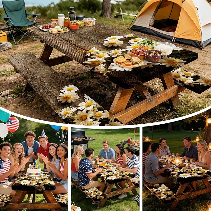 NYZE 3 Pieces Picnic Table Cover with Bench Covers Set, Vintage Wooden Elastic Edge Daisy Camping Tablecloth, Tablecloth Cover with Drawstring Bag, Camping Essentials for Outdoor Picnics, Patio, BBQ
