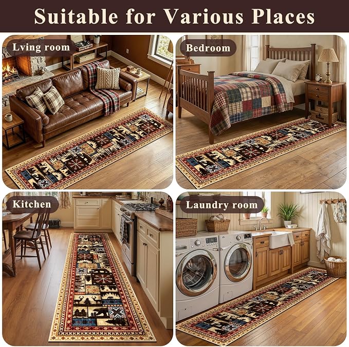 LOKHOM 2x6 Hallway Runner Rug, Non Slip Washable Western Cabin Bear Rugs | Bear Pattern, Low Pile Soft Kitchen Rug, Vintage Wildlife Accent Carpet Runner, For Laundry Bedroom Entryway Nursery