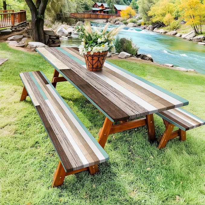 Picnic Table Cover with Bench Covers and Bag, Teal Wooden Camper Waterproof Windproof, Fitted Tablecloth Cover with Elastic Edge, for Indoor & Outdoor, Garden, Camping, 3 Pieces Set, 30x72 Inch