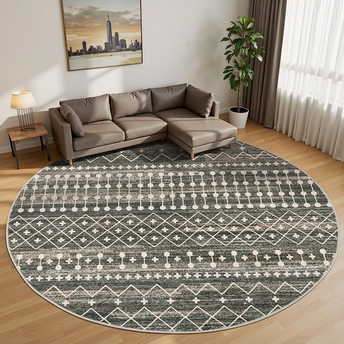 Miukiki Round Rugs 8ft Washable Moroccan Circle Rug for Living Room Black | Non Slip Indoor Floor Carpet Foldable Area Rug for Dining Room with Low Pile 8ft