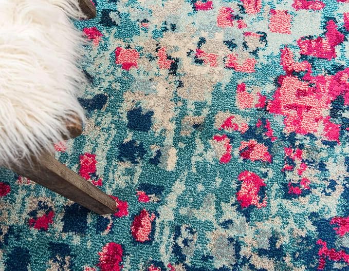 Unique Loom Jardin Collection Colorful, Vibrant, Abstract, Modern Area Rug (8' 0 x 8' 0 Round, Blue/ Pink)
