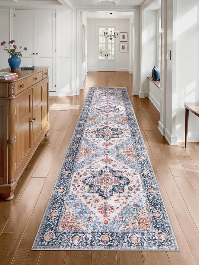 SERISSA 2'6"x12' Washable Non Slip Boho Runner Rug for Hallway，Blue Orange | Ultra Soft Vintage Oriental Carpet Low-Pile Tribal Floor Carpet for Kitchen Bedroom Entryway Bathroom Laundry Room