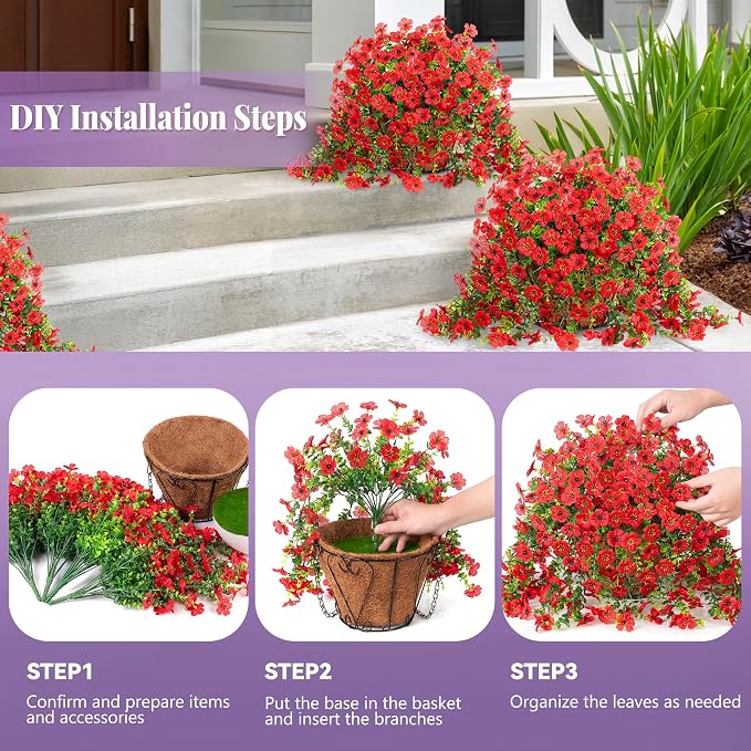 Ammyoo Artificial Fake Hanging Flowers with Basket for Outdoor Spring Decoration, Faux Silk Daisy Flower Real Touch Hanging Plants UV Resistant for Outside Porch Patio Garden Yard Home Decor(Red)