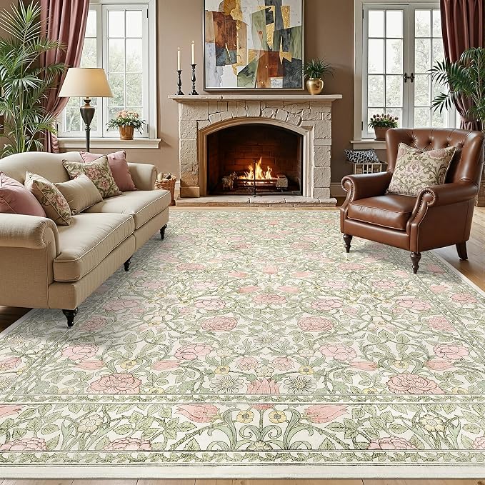 GarveeHome Pink Green Beige Floral 8x10 Area Rugs for Living Room Bedroom | Large Washable Dinning Room Girls Dorm Office Rug Vintage Boho Rugs Low-Pile Non-Slip Stain Resistant TPE Backing