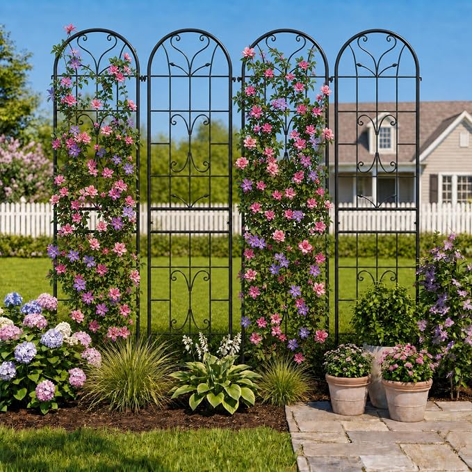4 Pack 87x20in Garden Trellises, Ornate Scrollwork Black Metal Coated Rustproof Trellis for Climbing Plants Outdoor, Roses, Vegetables, Vines, Cucumbers
