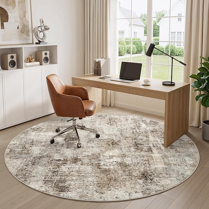 6Ft Round Area Rug Washable Abstract Rugs for Living Room Dark Brown | for Bedroom, Dining Room, Office, Nursery, Soft Neutral, Low Pile Non-Slip, Kid Pet Friendly, Large Indoor Carpet, Home Decor