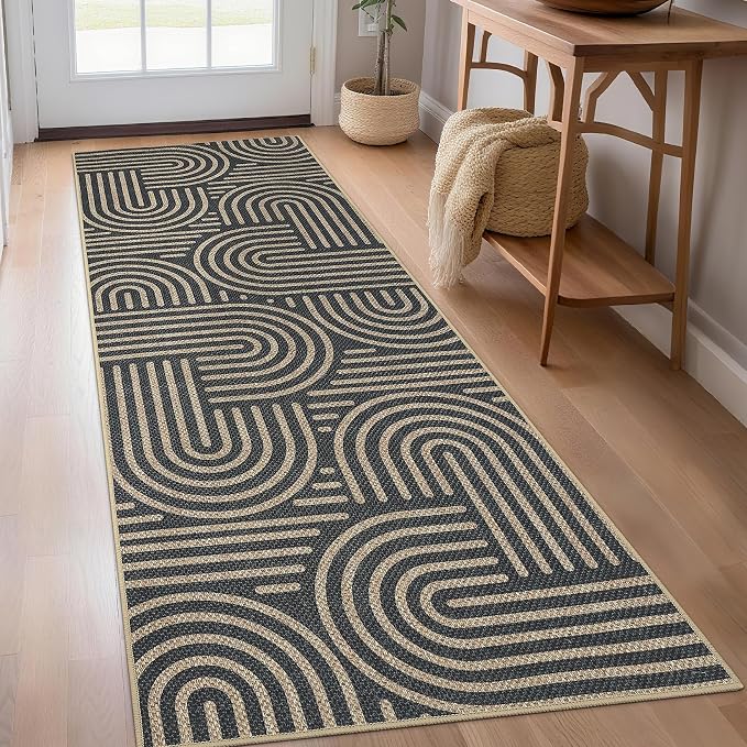 Garvee 2x6 Modern Abstract Kitchen Rugs Washable Rugs for Hallway | Black Rainbow Area Rug Stain Resistant Easy Cleaning Throw Rugs Low Pile Floor Cover for Bedroom Laundry