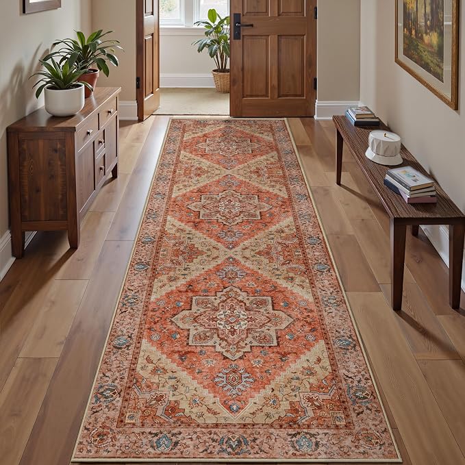 Tangsoo 2.6x8 Washable Runner Rug for Hallways, Non Slip Boho Runners | Vintage Soft Low Pile Long Runner Rug, Oriental Carpet Hallway Runners for Kitchen Bedroom Entryway Bathroom Terracotta