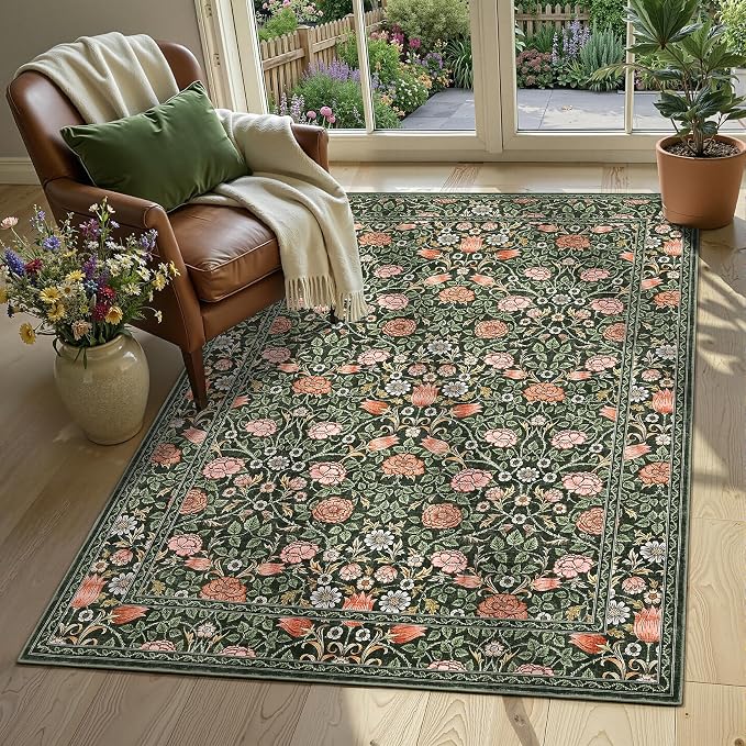 GarveeHome Dark Green Floral Washable 2x3 Rug for Entryway Small Door Mat | Kitchen Bathroom Girls Bedroom Dorm Rug Vintage Boho Rugs Low-Pile Non-Slip Stain Resistant TPE Backing