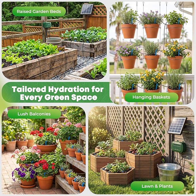 Solar Drip Irrigation System, Automatic Watering Kit with Split Design & Anti-Siphon Valve, 12 Modes Garden Irrigation System with 49ft Hose for 15 Potted Plants, Patio, Balcony & Greenhouse