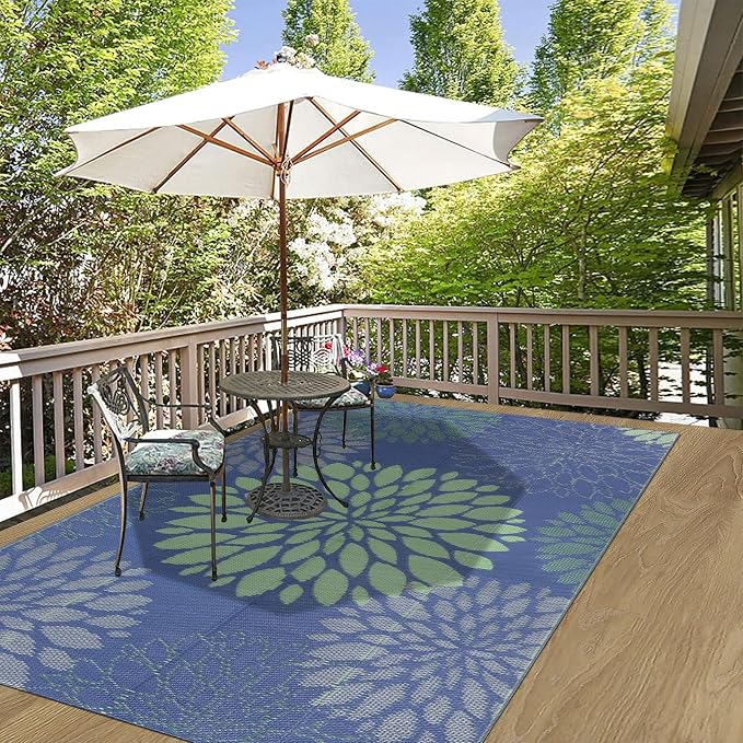 Ileading Waterproof Outdoor Rug 5x8, Reversible Plastic Straw Patio Rug, Portable Indoor Outdoor RV Camping Mat Carpet for Deck, Porch, Balcony, Backyard, Picnic, Floral Navy Blue