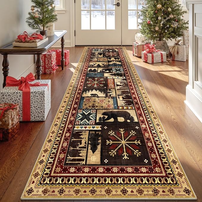 LOKHOM 3x10 Hallway Runner Rug, Non Slip Washable Western Cabin Bear Rugs | Bear Pattern, Low Pile Soft Kitchen Rug, Vintage Wildlife Accent Carpet Runner, For Laundry Bedroom Entryway Nursery