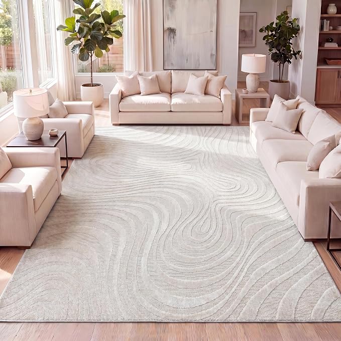 JONATHAN Y Maribo High-Low Abstract Striped Cream/Ivory 12x15 Indoor/Outdoor Area Rug, Pet Friendly, Non-Shedding, Stain Resistant, Easy-Cleaning for Backyard, Patio (SCN103A-15)