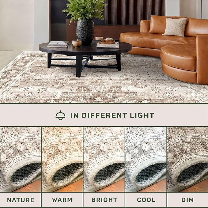 Washable Neutral Farmhouse Living Room Rug, 4x6 Area Rugs for Bedroom, Nursery Room, Boho Vintage Floral Non-Slip Rug Low Pile Stain Resistant (4x6 Beige/Latte)