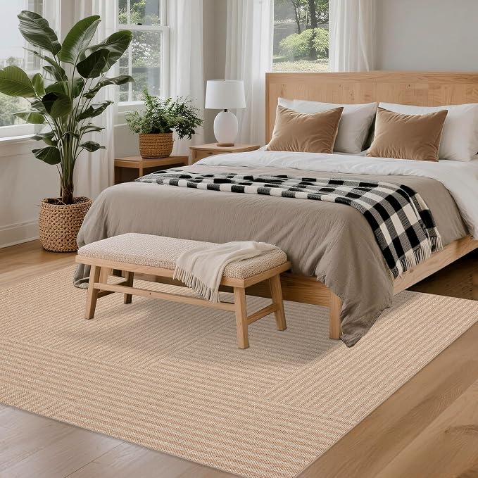 Easy Jute Rug 5x7 Outdoor: Natural Area Rugs for Patio Linen-Look Fabric Durable - Washable Carpet for Living Room Bedroom - Beige Stripes