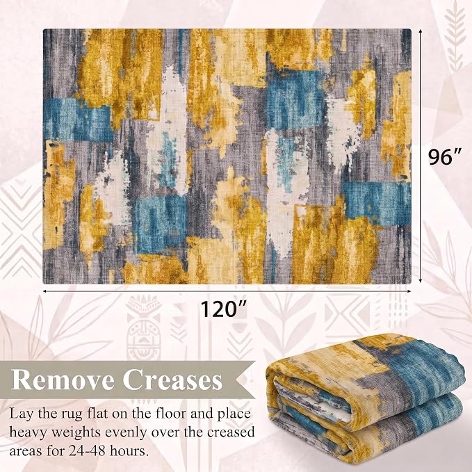 8x10 Blue and Gold Abstract Brushstroke Area Rug for Living Room | Soft Low-Pile Machine-Washable Rug with Non-Slip Backing for Bedrooms, Dining Rooms and Home Offices, Designed for Easy Care