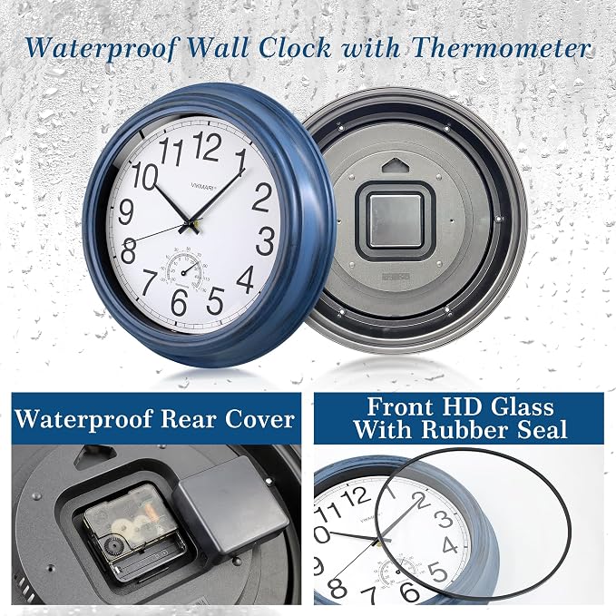 VIKMARI Indoor Outdoor Sealed Glass Clock Waterproof Silent Classic Quartz Clocks Thermometer Battery Operated Wall Clocks for Bathroom Patio Pool Wall Decor (12 Inch,Rustic Blue)