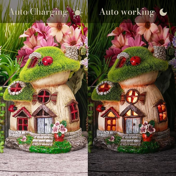 TERESA'S COLLECTIONS Mushroom Garden Statues with Outdoor Solar Light, Green Flocked Christmas Decorations for Home, Resin Fairy House Accessories Outdoor Decor Yard Thanksgiving Gifts for Mom, 8“