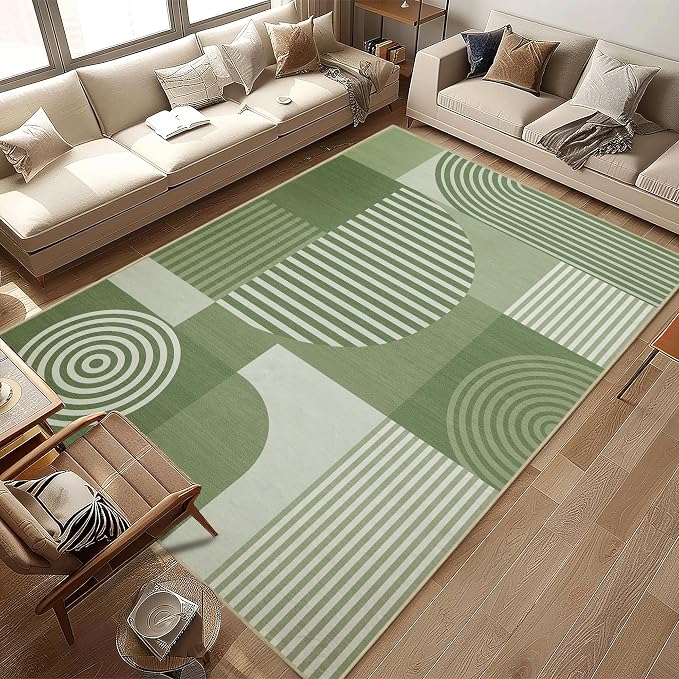 8x10 Area Rug for Living Room Green Geometric Rug Machine Washable Minimalist Line Mid Century Modern Area Rugs Non Slip Low Pile Large Dining Room Indoor Floor Carpet for Bedroom Kitchen Office,Green