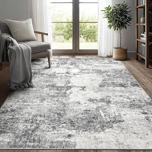 DMOYEST 5x7 Area Rug for Living Room Washable Abstract Indoor Carpet | Neutral Modern Low Pile Rugs Kid & Pet Friendly Soft Thin Carpet for Bedroom Dining Room and Office - Grey