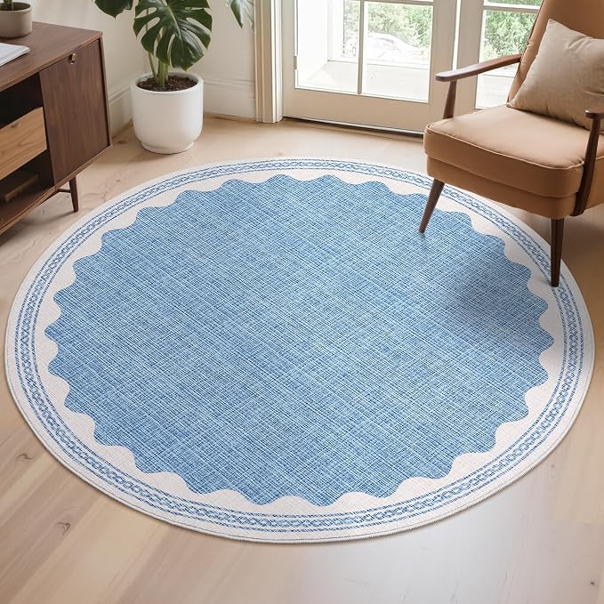4ft Scalloped Round Rug Blue Washable Living Room Bedroom Area Rugs | Small Solid Rug for Bedroom Girls, Non Slip Scalloped Round Bath Mat, Soft Dorm Nursery Carpet for Bedside