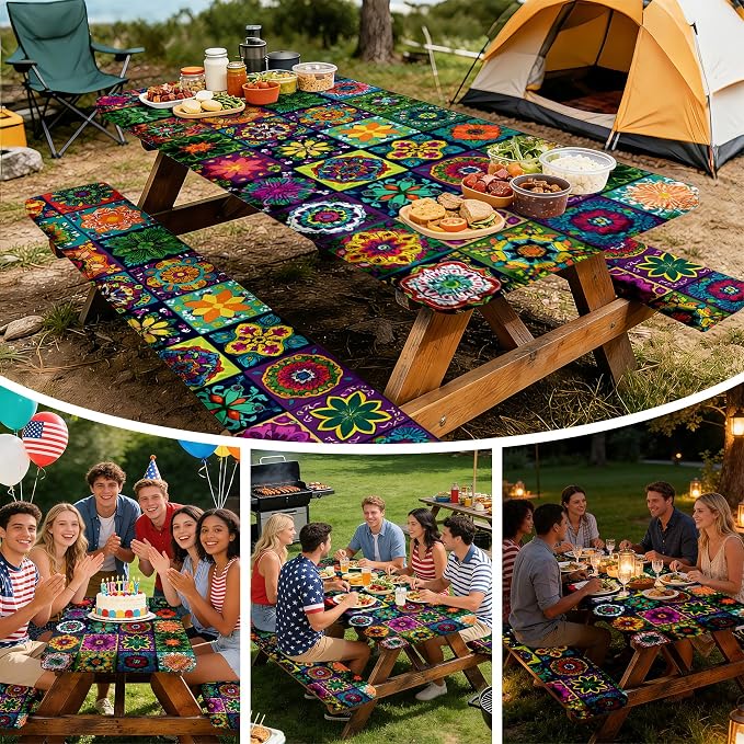 NYZE 3 Pieces Picnic Table Cover with Bench Covers Set, Camping Tablecloth, Tablecloth Cover with Drawstring Bag, Camping Essentials for Outdoor Picnics, Patio, BBQ (Colorful Mandala)