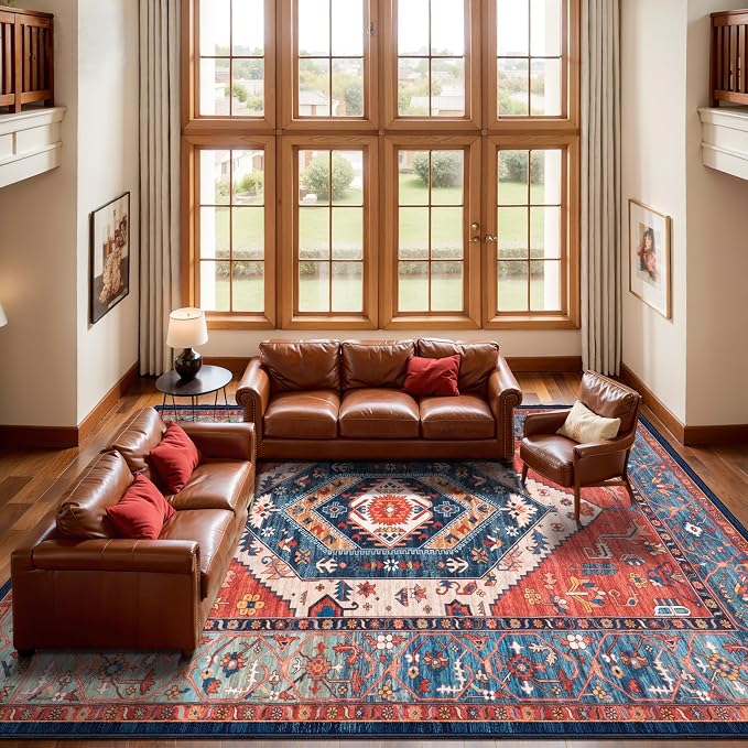 SERISSA 10x12 Washable Non Slip Boho Area Rug for Living Room，Rust | Ultra Soft Vintage Oriental Carpet Low-Pile Distressed Tribal Floor Carpet for Dining Room Bedroom Office Home Decor