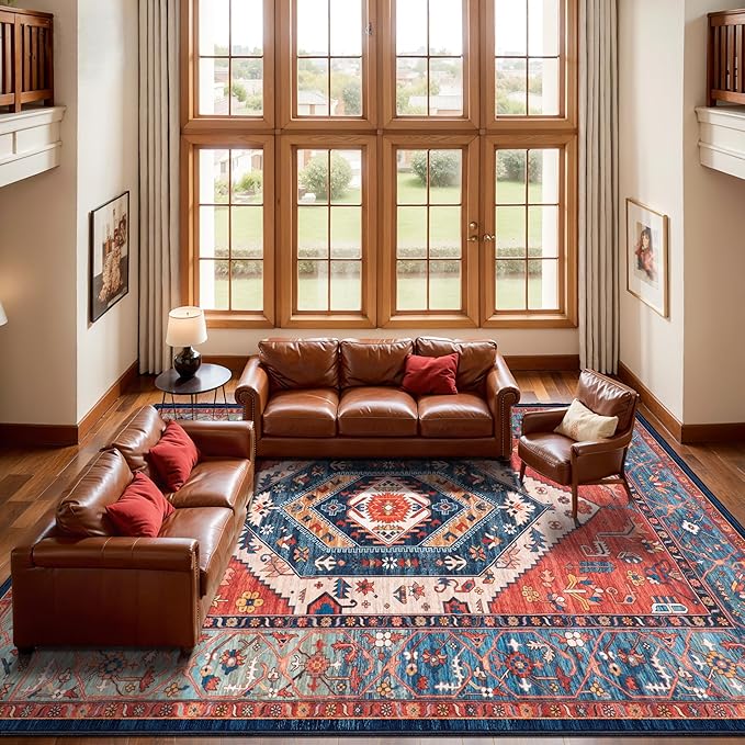 SERISSA 8x12 Washable Non Slip Boho Area Rug for Living Room，Rust | Ultra Soft Vintage Oriental Carpet Low-Pile Distressed Tribal Floor Carpet for Dining Room Bedroom Dorm Office Home Decor
