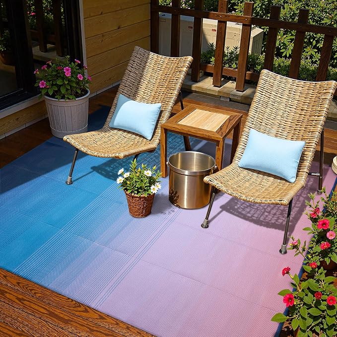Lahome 6x9 Outdoor Rugs for Patios, Waterproof Camping Deck Rugs for Tents, Lightweight Plastic Straw Rugs for Outside Balcony Backyard Garden, Blue Pink 6'x9'