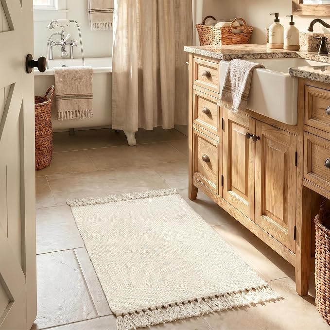 White/Cream Bathroom Rug 2' x 3', Small Farmhouse Kitchen Rugs | Modern Hand Woven Washable Entryway Rugs, Low Profile Front Door Mat, Reversible Braided Carpet for Porch Bedroom Boho Decor