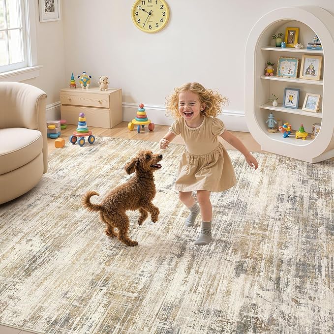 Uermei 10x14 Area Rug for Living Room Washable Abstract Golden Brown Carpet | Low Pile Non-Slip Soft Neutral Modern Kid Pet Friendly Large Rugs For Bedroom Dining Room Nursery Office Indoor Decor