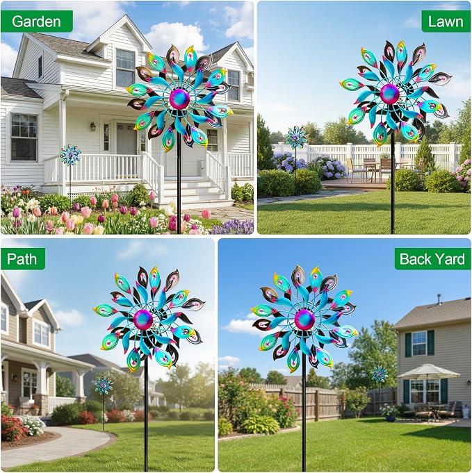 Solar Wind Spinner Outdoor Kinetic Garden Decor with LED Light Ball | Colorful Metal Wind Spinner Creates Stunning Yard Art With Rotating Petals, Perfect For Patio, Lawn, Pathway And Backyard