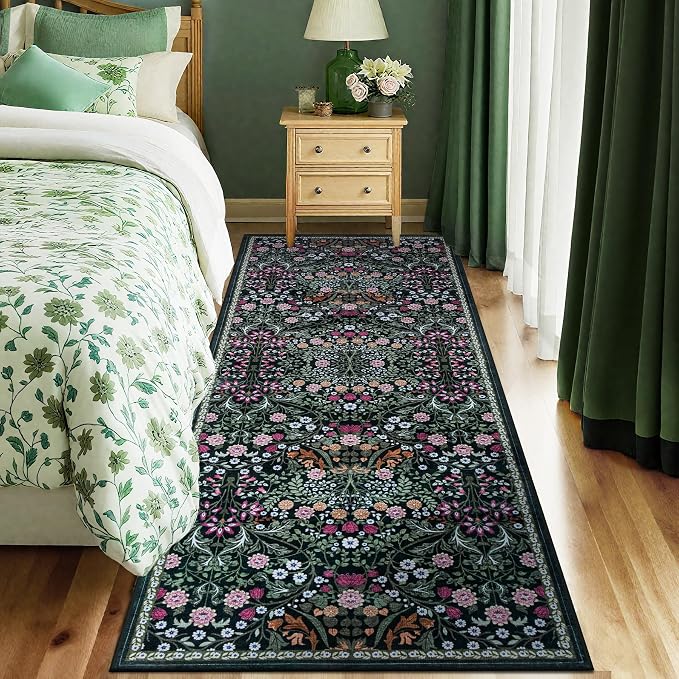 PLHXFR 2.6x8 Washable Runner Rug：Floral Indoor Kitchen Carpet Dark Green | For Hallway Bedroom Kitchen Laundry Bathroom Dorm,Vintage Floral,Machine washable,Non Slip,Stain Resistant,Indoor Floor