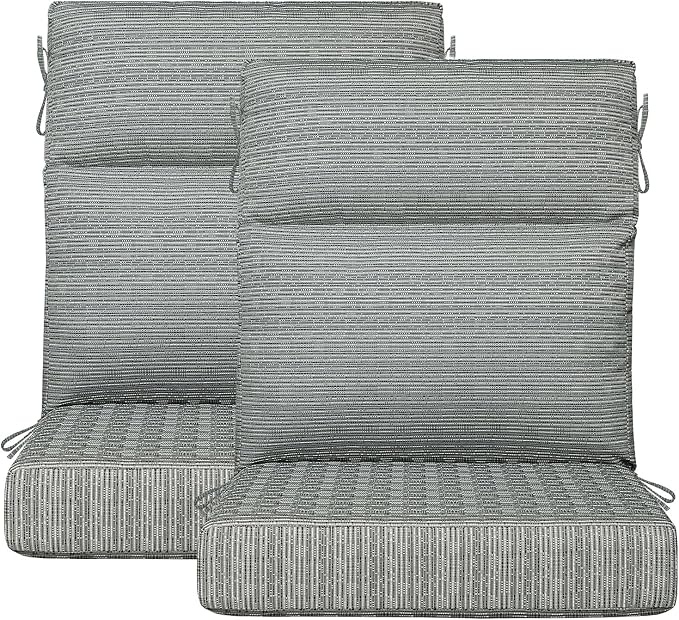Outdoor Patio Chair Cushions 44x21x3.5 inch, Set of 2 Thicken Comfy Cushions for Rocker Non Slip Fade Shield Water Repellent High Back with Ties, Grey Linen Stripe