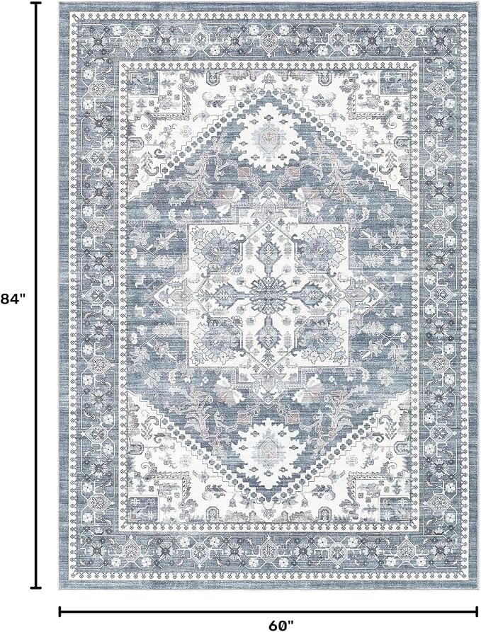 Washable Area Rug-5X7 Vintage Neutral Soft Blue | Non Slip Thin Foldable Large Floor Carpet for Living Room Bedroom Kitchen Dining Room Home Office Farmhouse Indoor