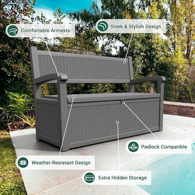 80 Gallon Outdoor Storage Bench, Resin Patio Storage Bench with Armrest, Lockable Deck Boxes Outdoor Waterproof and UV Resistant for Patio Cushions, Garden Tools and Pool Supplies, Grey