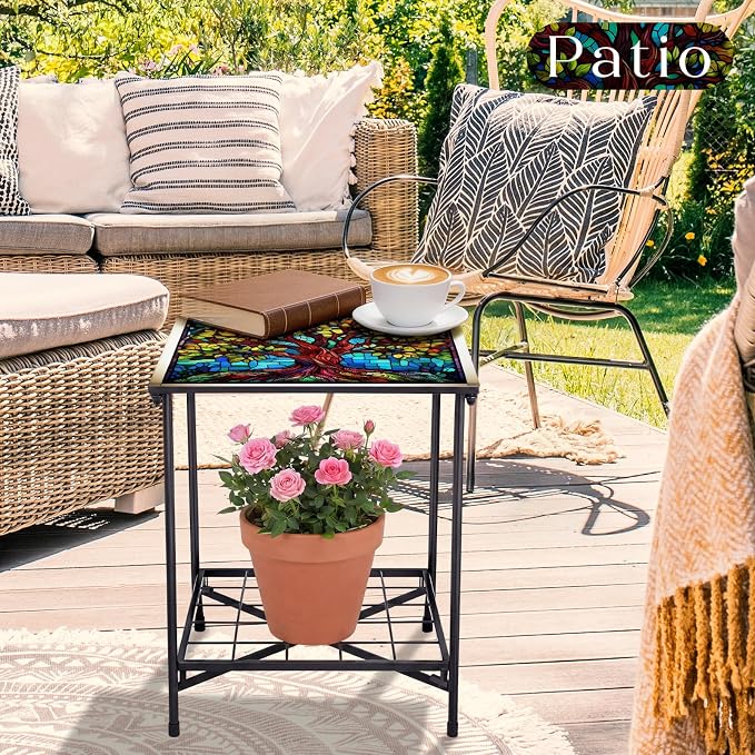 Cinnvoice Outdoor Side Table 2-Tier Storage Square Small Mosaic Patio Accent Indoor End Plant Coffee Tea Table for Yard Patio Porch Garden Living Room, Bedroom(Tree of Life Style)