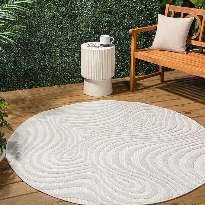 JONATHAN Y Maribo High-Low Abstract Striped Cream/Ivory 8' Round Indoor/Outdoor Area Rug, Pet Friendly, Non-Shedding, Stain Resistant, Easy-Cleaning for Backyard, Patio, Porch (SCN103A-8R)