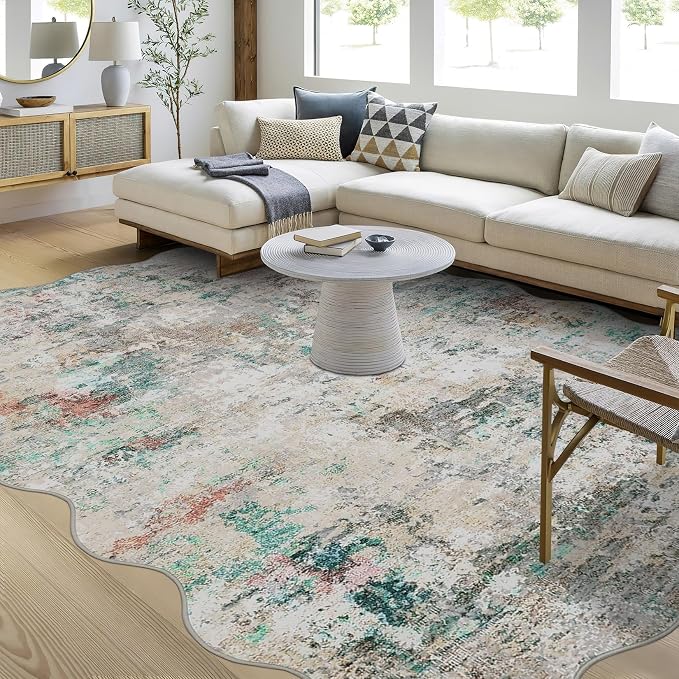 ROYHOME Modern Abstract Scalloped Area Rug 10x13 Non Slip, Colorful | Non Shedding Rug Low Pile Stain Resistant for Bedroom Living Room